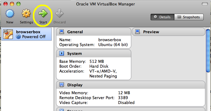 VirtualBox manager start